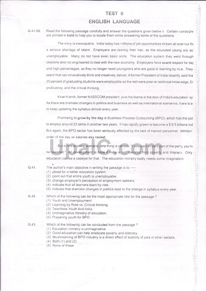 RBI english model question paper