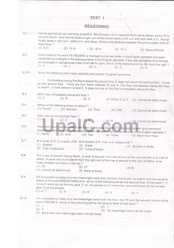 RBI reasoning model question paper